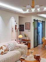 Modern Cantilever Floor Lamp with Walnut Wood Side Table and Orange Glass Shade