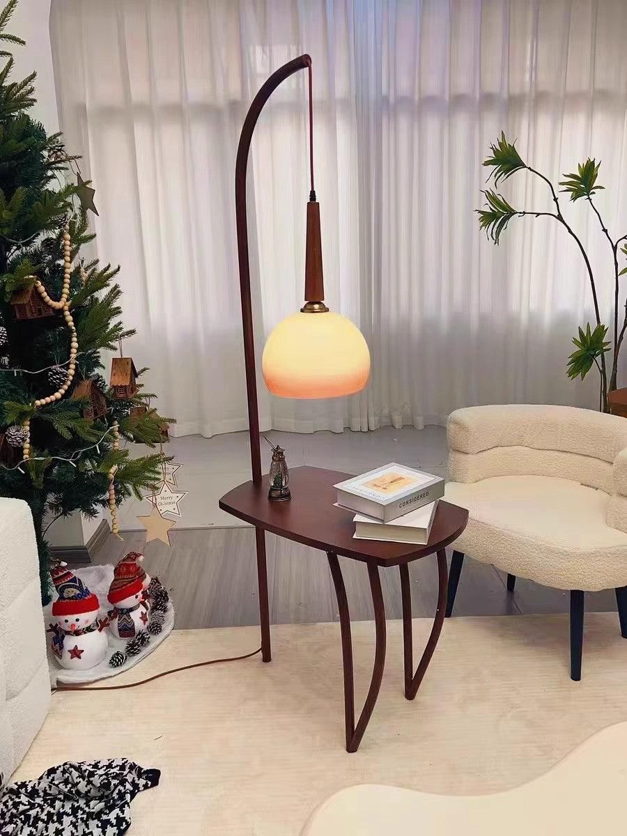 Modern Cantilever Floor Lamp with Walnut Wood Side Table and Orange Glass Shade