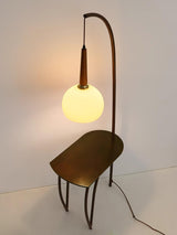 Modern Cantilever Floor Lamp with Walnut Wood Side Table and Orange Glass Shade