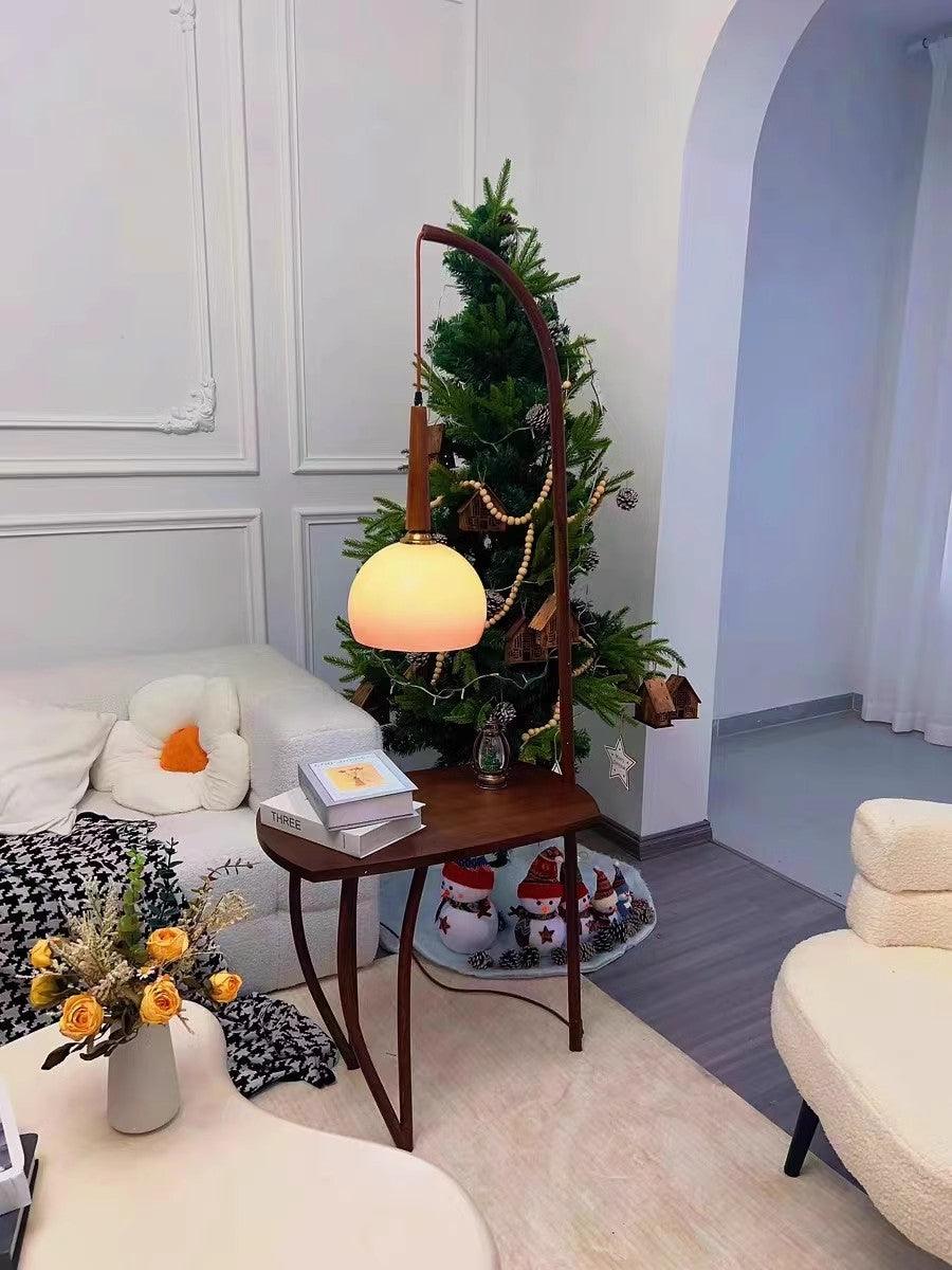 Modern Cantilever Floor Lamp with Walnut Wood Side Table and Orange Glass Shade