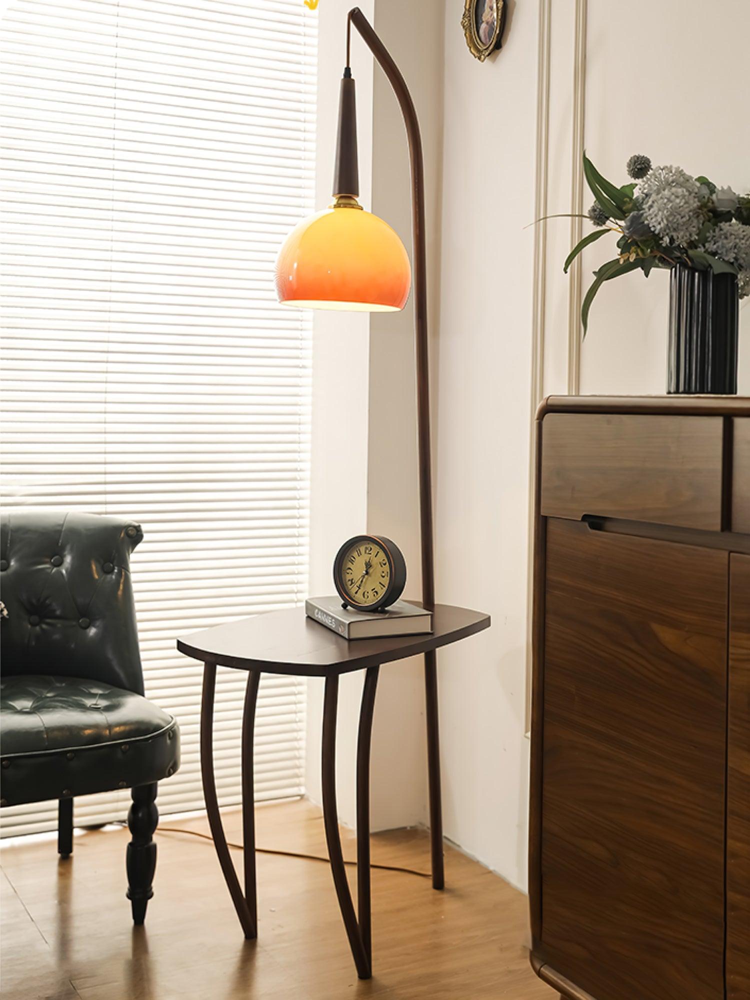 Modern Cantilever Floor Lamp with Walnut Wood Side Table and Orange Glass Shade