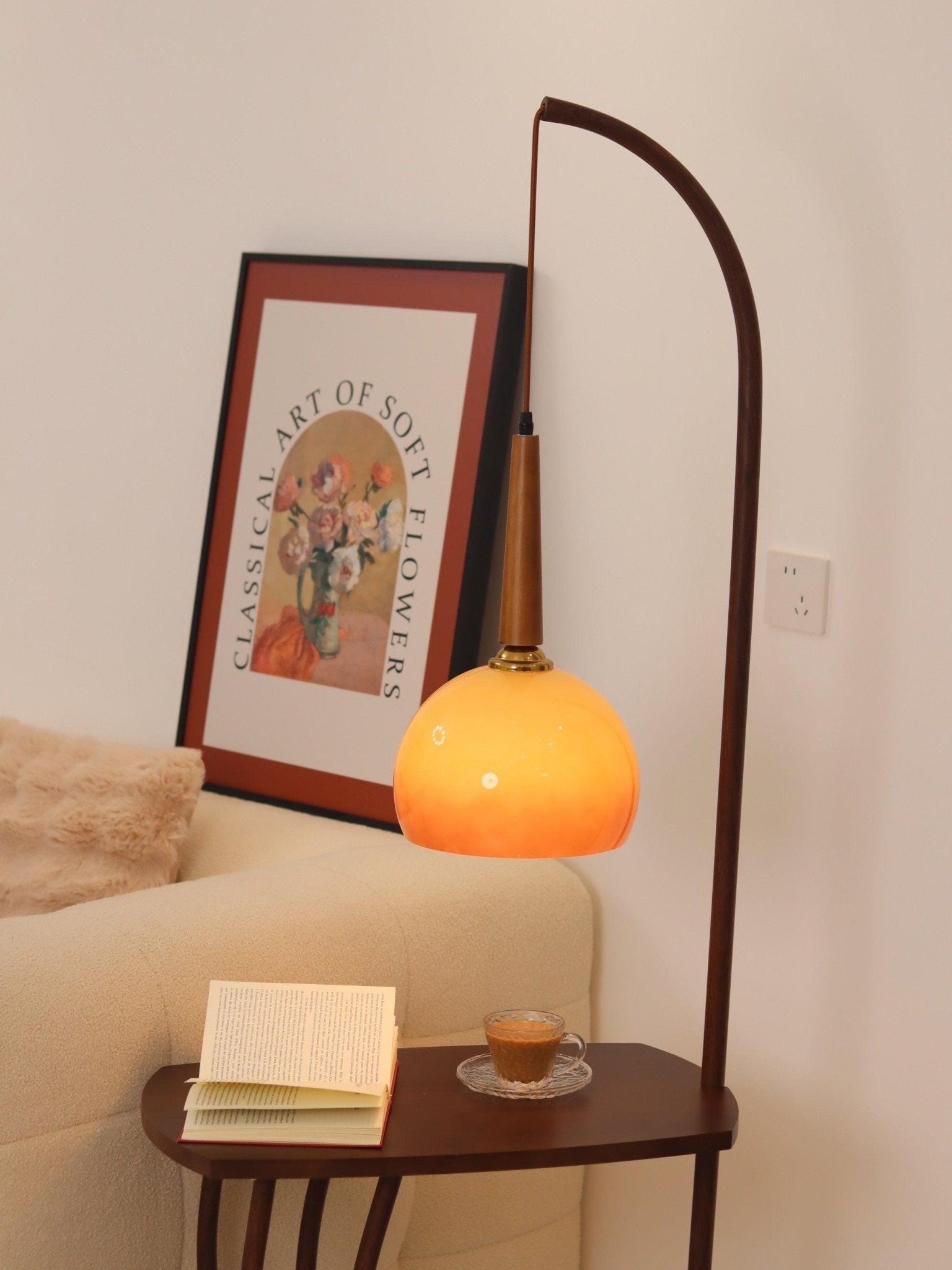 Modern Cantilever Floor Lamp with Walnut Wood Side Table and Orange Glass Shade