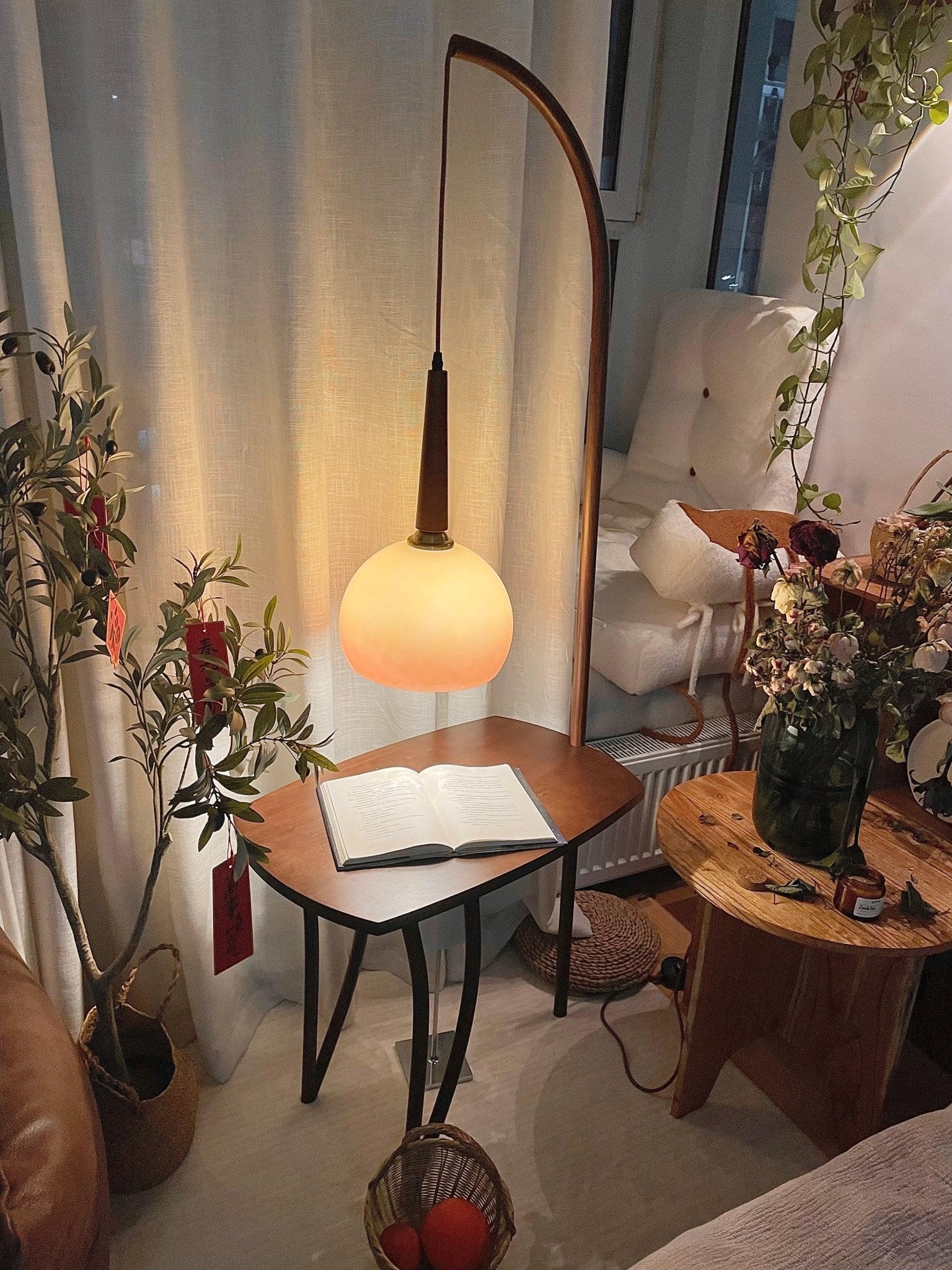 Modern Cantilever Floor Lamp with Walnut Wood Side Table and Orange Glass Shade