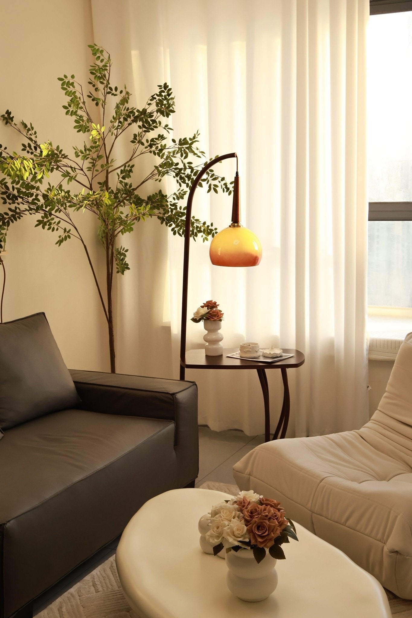 Modern Cantilever Floor Lamp with Walnut Wood Side Table and Orange Glass Shade