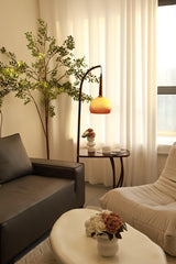 Modern Cantilever Floor Lamp with Walnut Wood Side Table and Orange Glass Shade