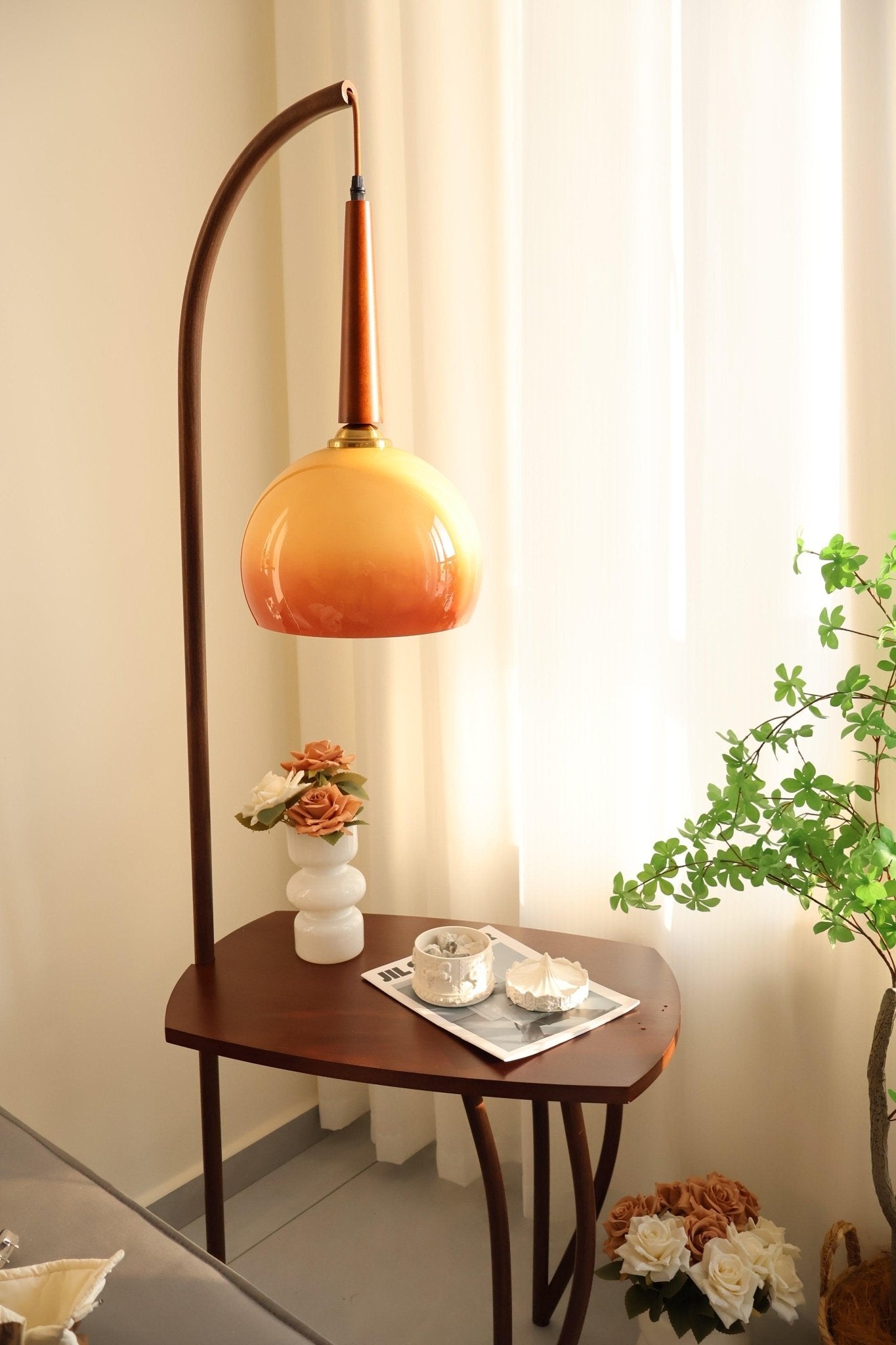 Modern Cantilever Floor Lamp with Walnut Wood Side Table and Orange Glass Shade