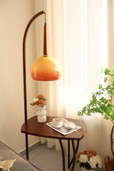 Modern Cantilever Floor Lamp with Walnut Wood Side Table and Orange Glass Shade