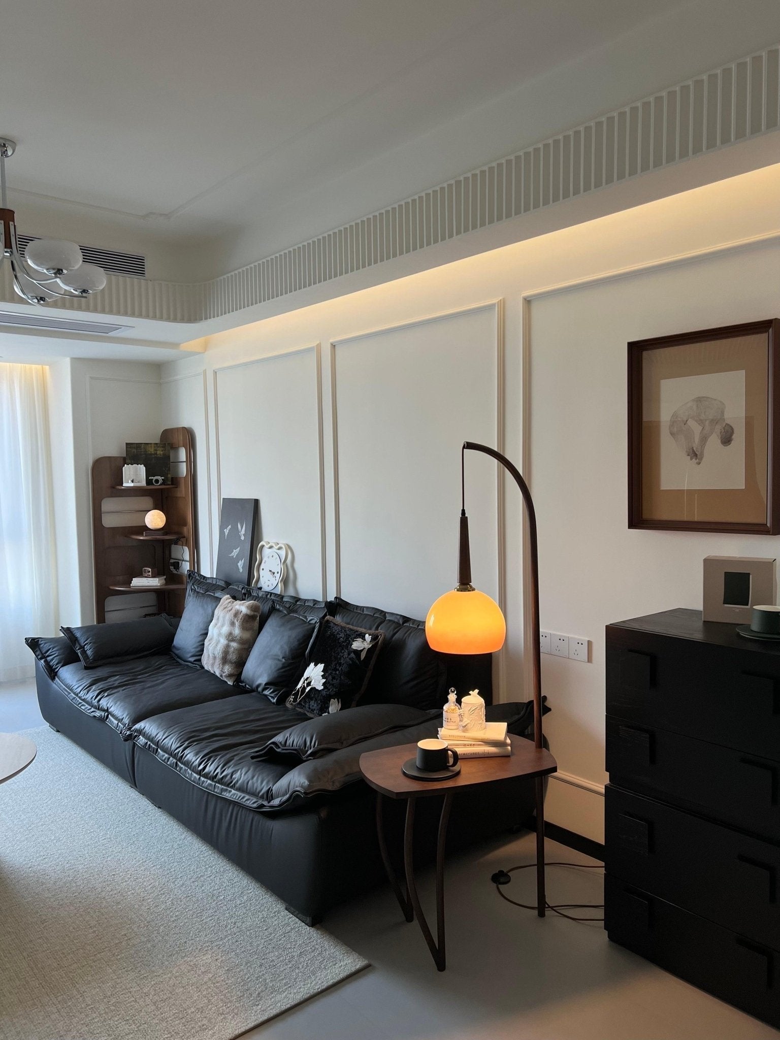 Modern Cantilever Floor Lamp with Walnut Wood Side Table and Orange Glass Shade