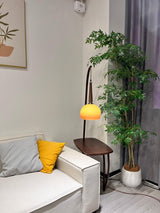 Modern Cantilever Floor Lamp with Walnut Wood Side Table and Orange Glass Shade