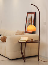 Modern Cantilever Floor Lamp with Walnut Wood Side Table and Orange Glass Shade