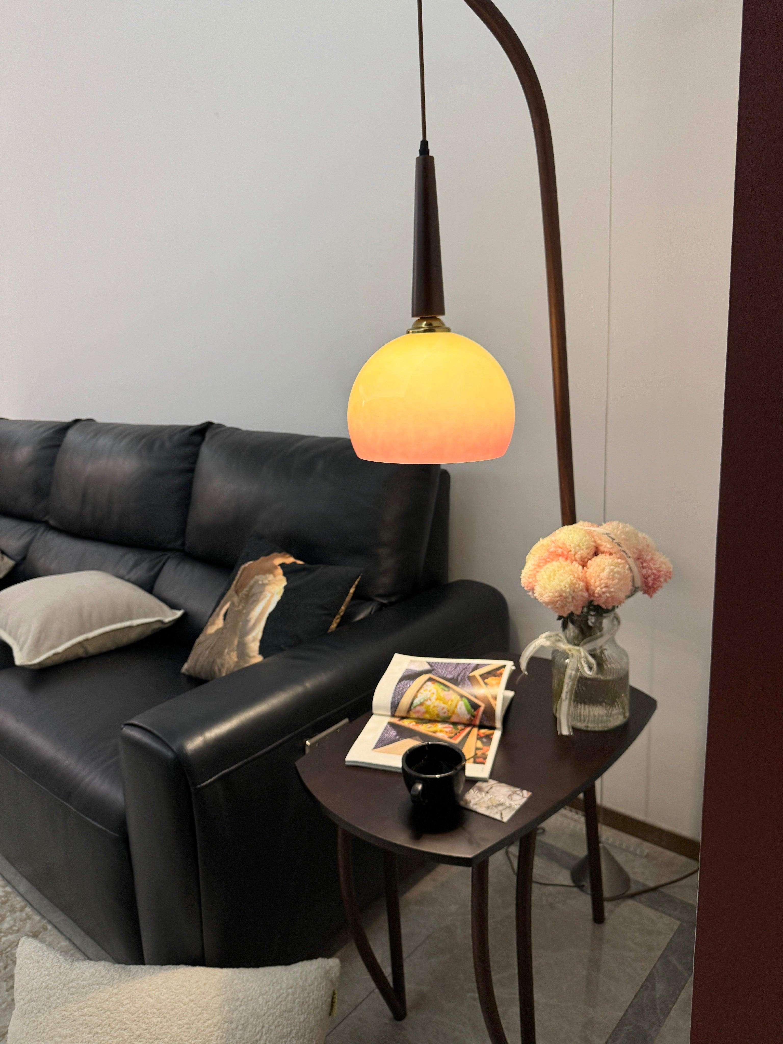Modern Cantilever Floor Lamp with Walnut Wood Side Table and Orange Glass Shade