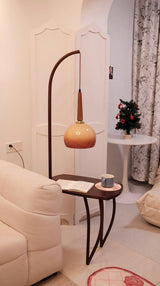 Modern Cantilever Floor Lamp with Walnut Wood Side Table and Orange Glass Shade