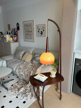 Modern Cantilever Floor Lamp with Walnut Wood Side Table and Orange Glass Shade