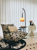 Modern Cantilever Floor Lamp with Walnut Wood Side Table and Orange Glass Shade