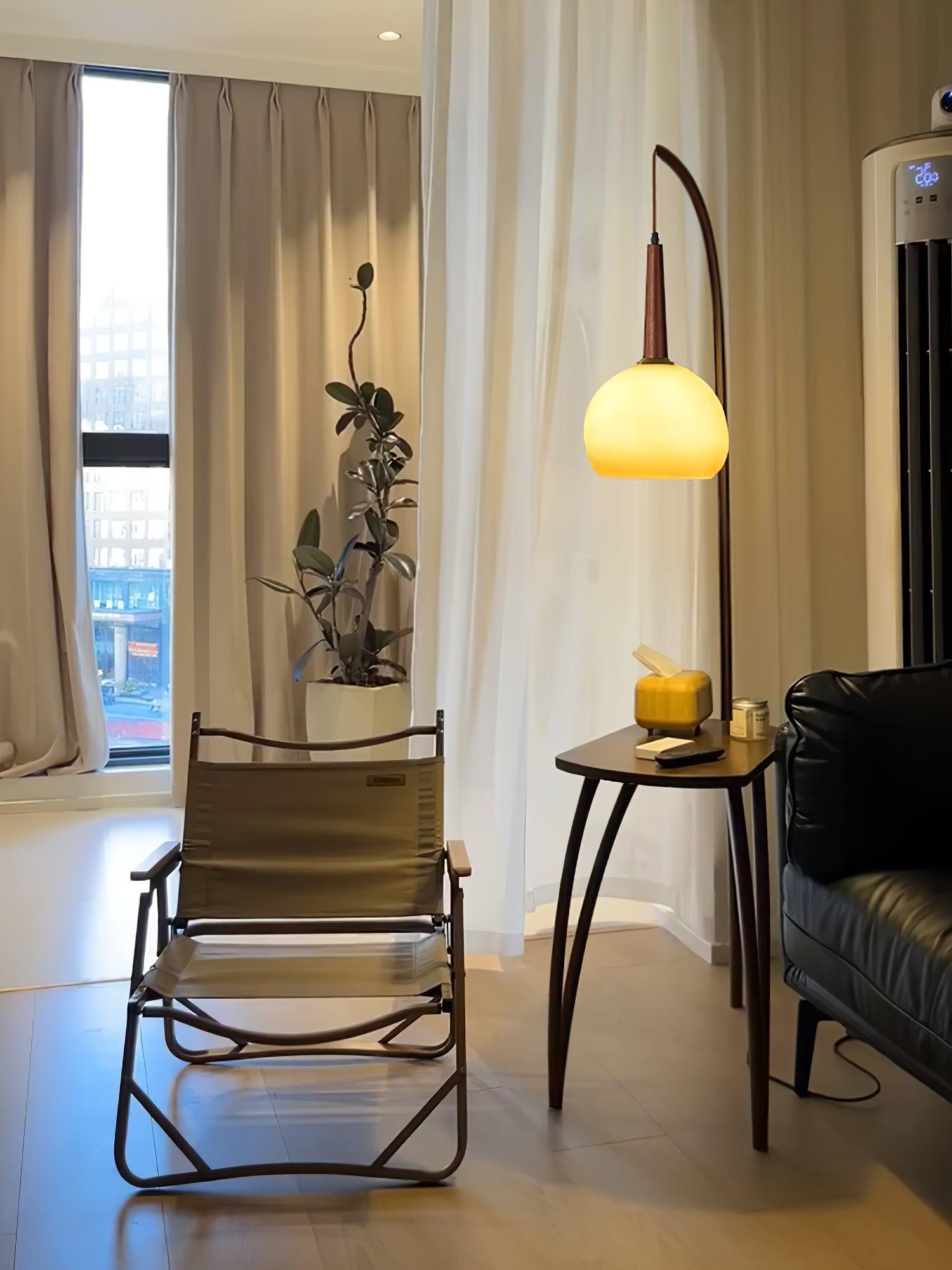 Modern Cantilever Floor Lamp with Walnut Wood Side Table and Orange Glass Shade