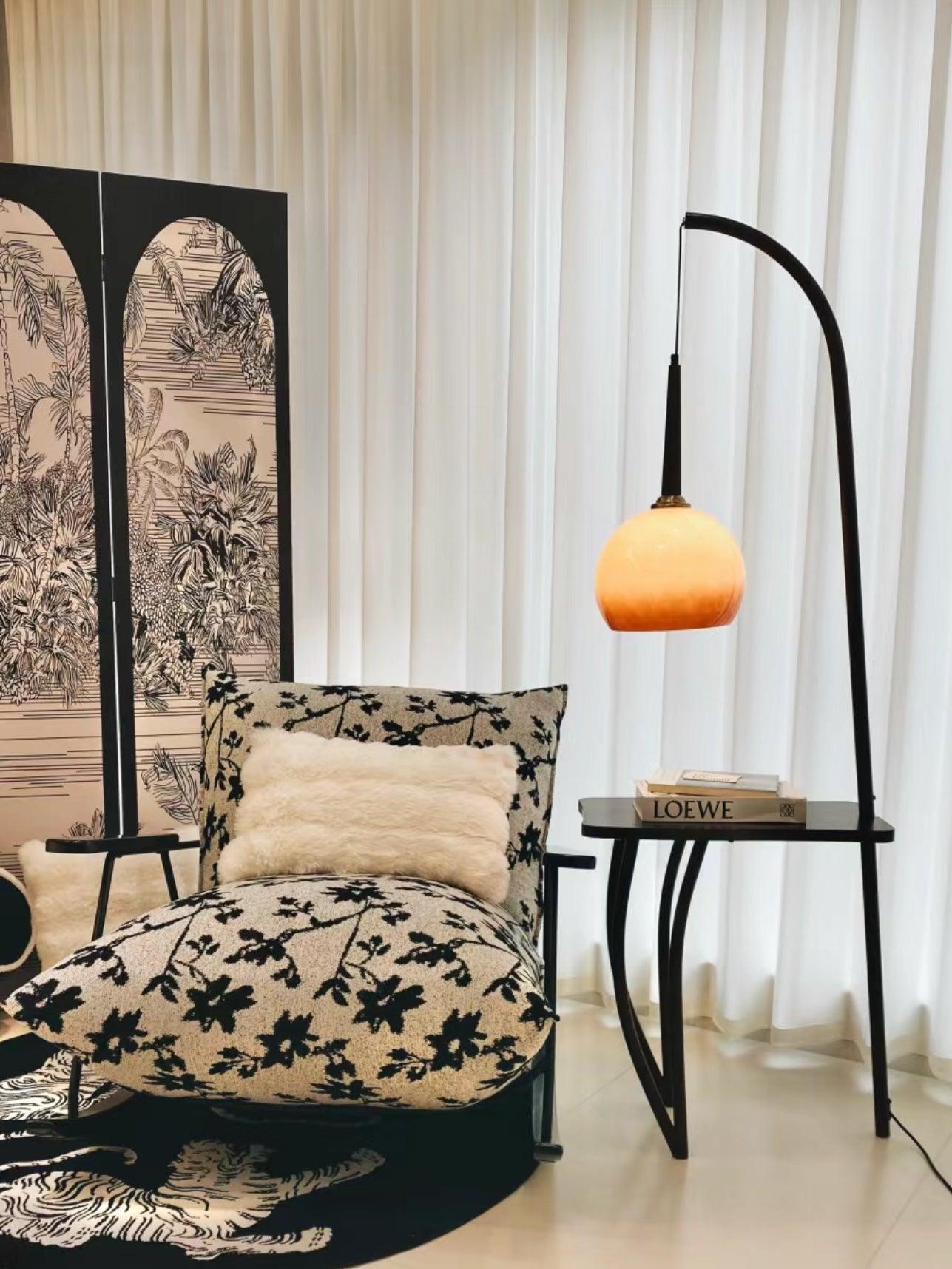 Modern Cantilever Floor Lamp with Walnut Wood Side Table and Orange Glass Shade