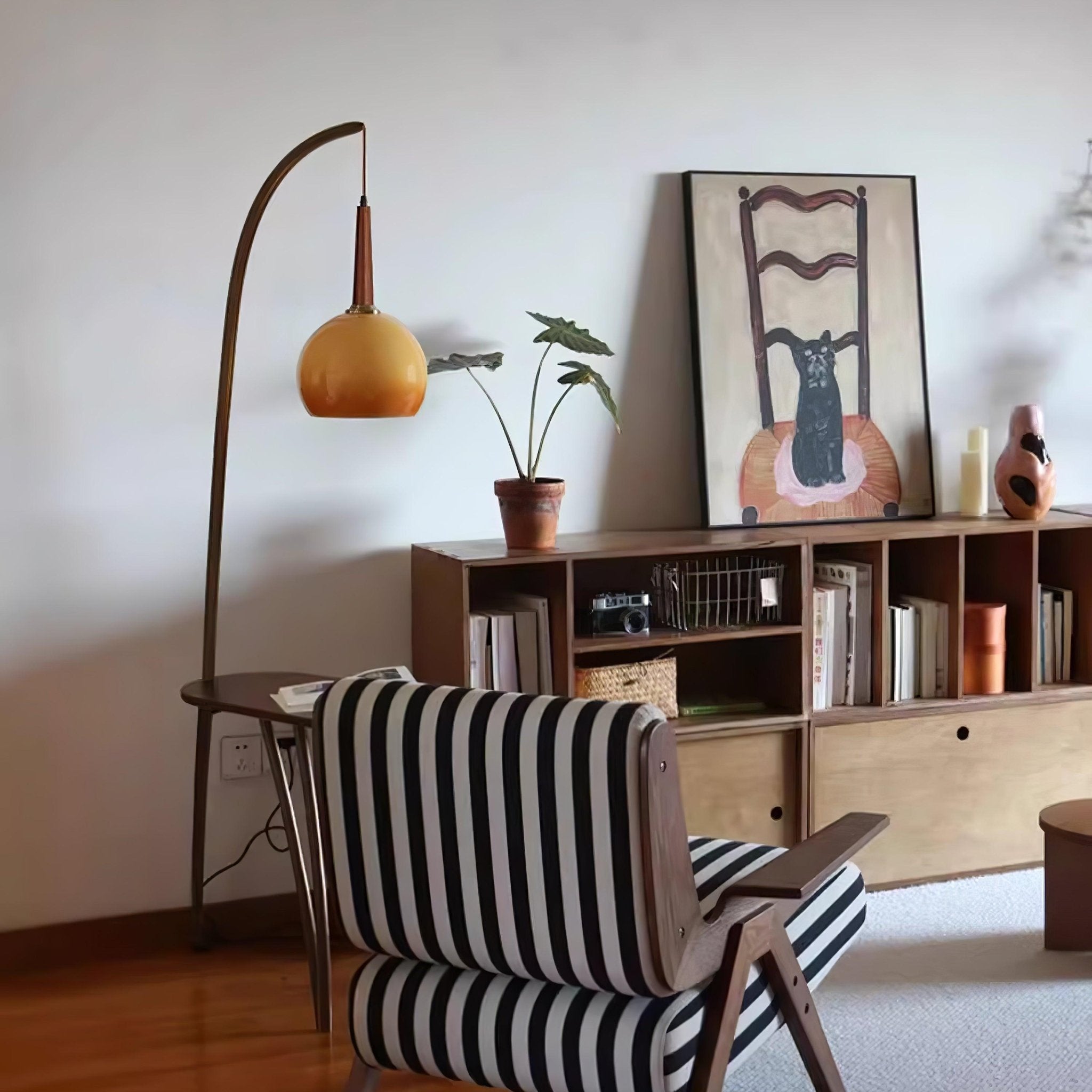 Modern Cantilever Floor Lamp with Walnut Wood Side Table and Orange Glass Shade