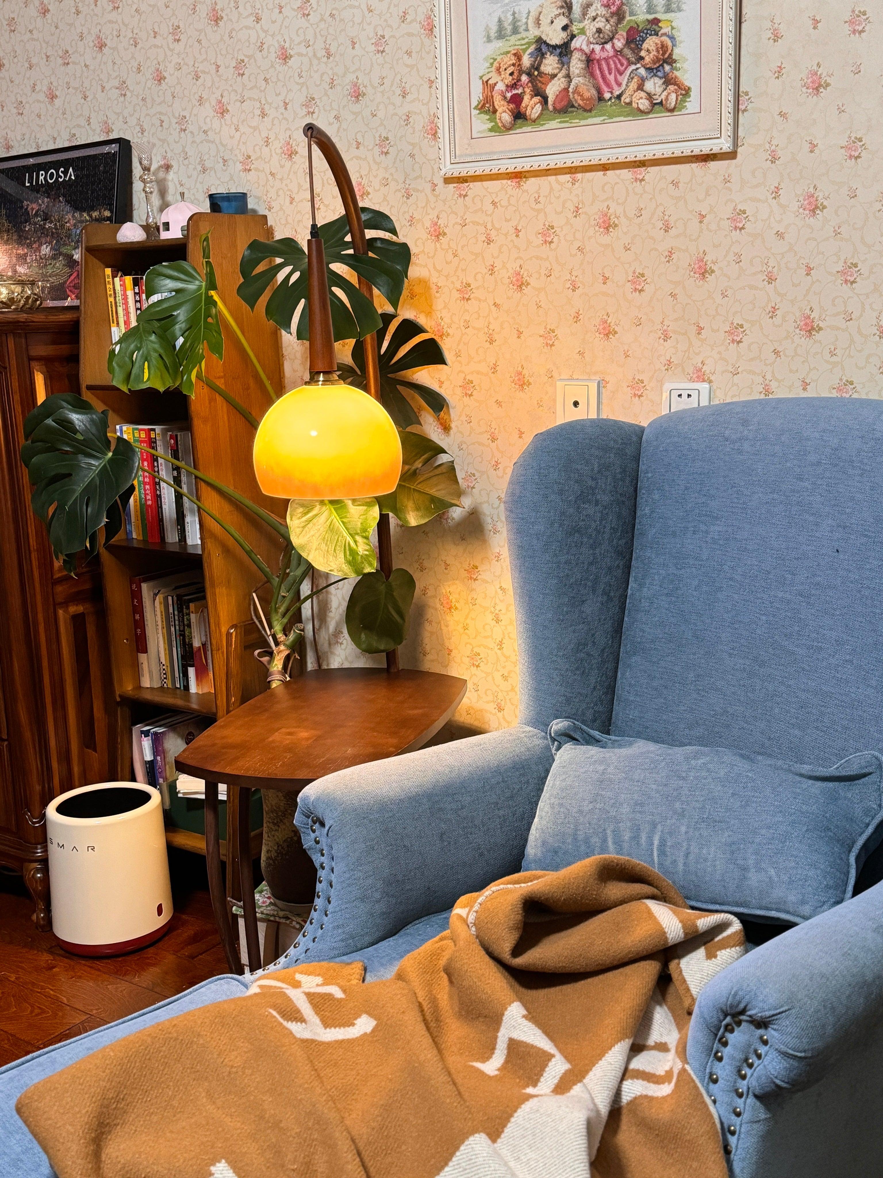 Modern Cantilever Floor Lamp with Walnut Wood Side Table and Orange Glass Shade