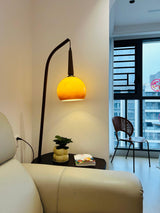 Modern Cantilever Floor Lamp with Walnut Wood Side Table and Orange Glass Shade