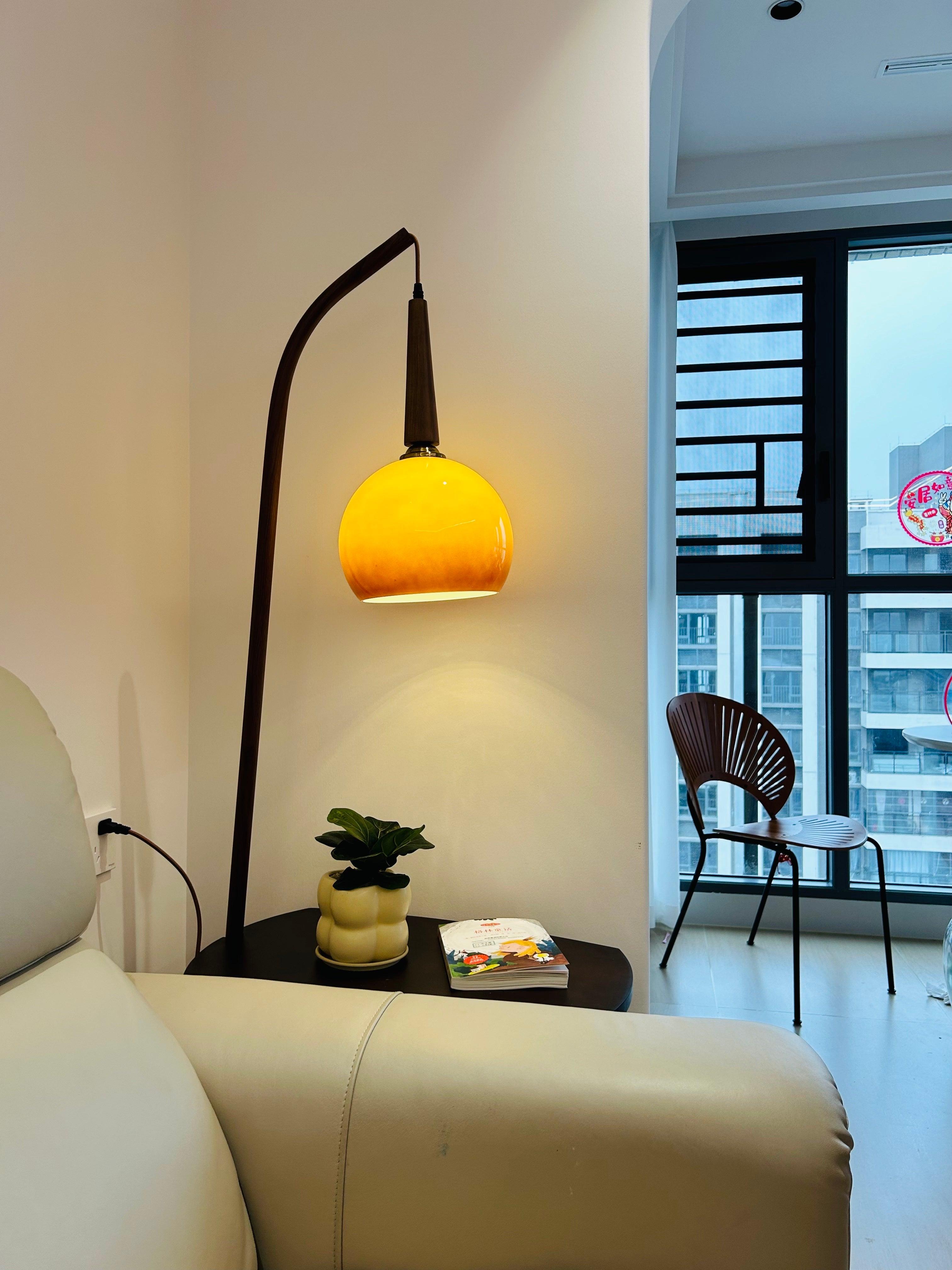 Modern Cantilever Floor Lamp with Walnut Wood Side Table and Orange Glass Shade