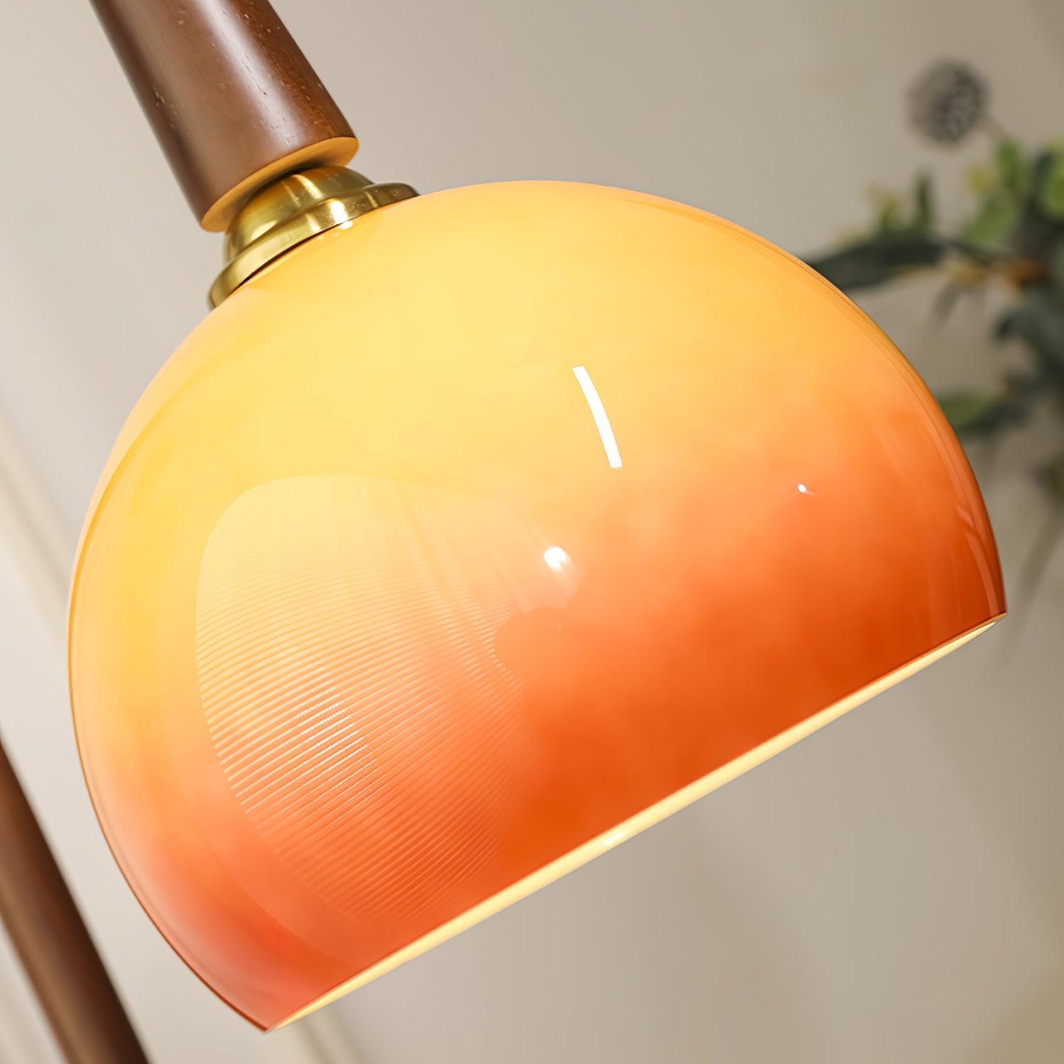 Modern Cantilever Floor Lamp with Walnut Wood Side Table and Orange Glass Shade
