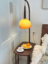 Modern Cantilever Floor Lamp with Walnut Wood Side Table and Orange Glass Shade