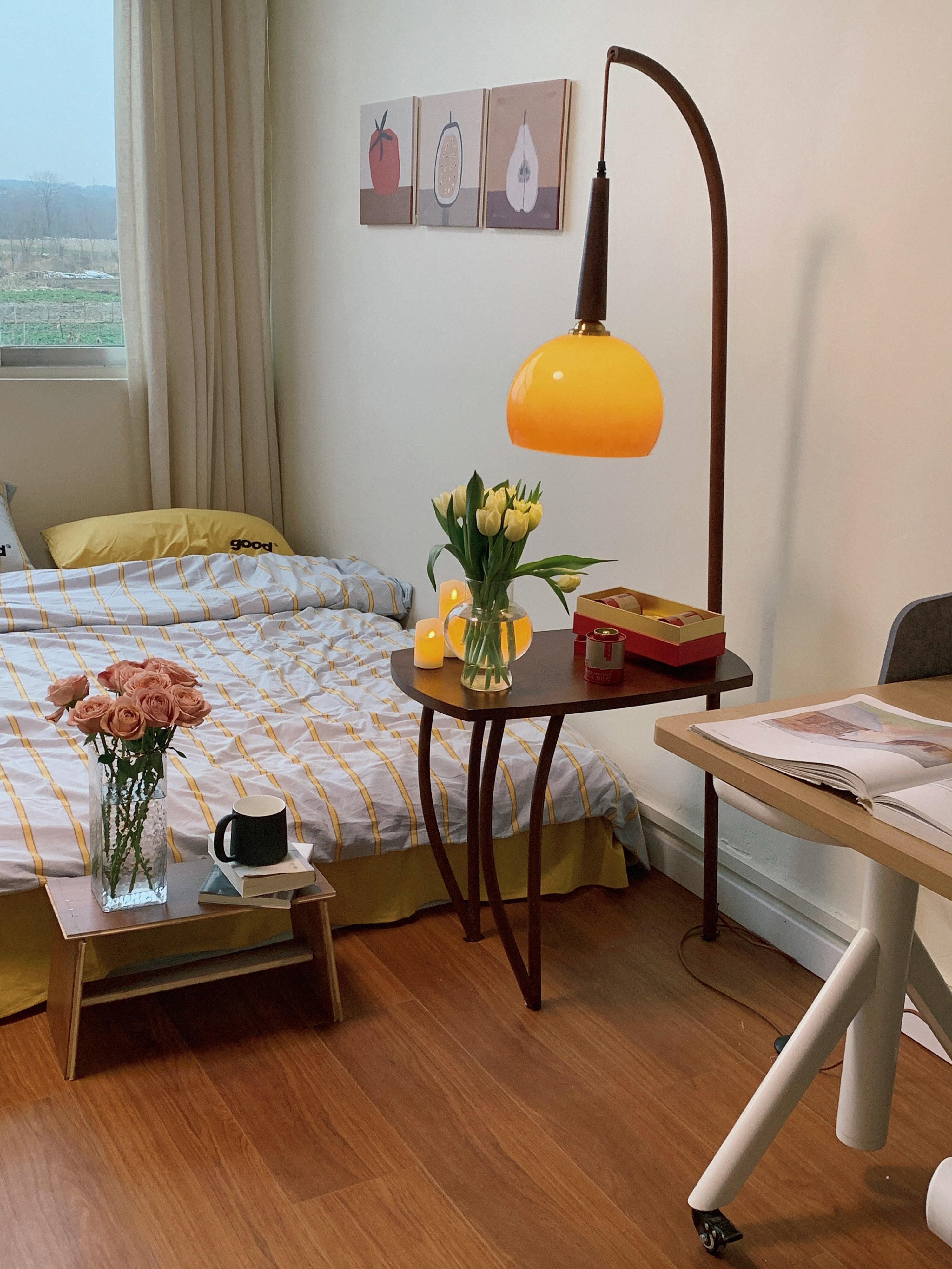 Modern Cantilever Floor Lamp with Walnut Wood Side Table and Orange Glass Shade