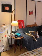 Modern Cantilever Floor Lamp with Walnut Wood Side Table and Orange Glass Shade