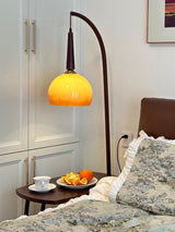 Modern Cantilever Floor Lamp with Walnut Wood Side Table and Orange Glass Shade