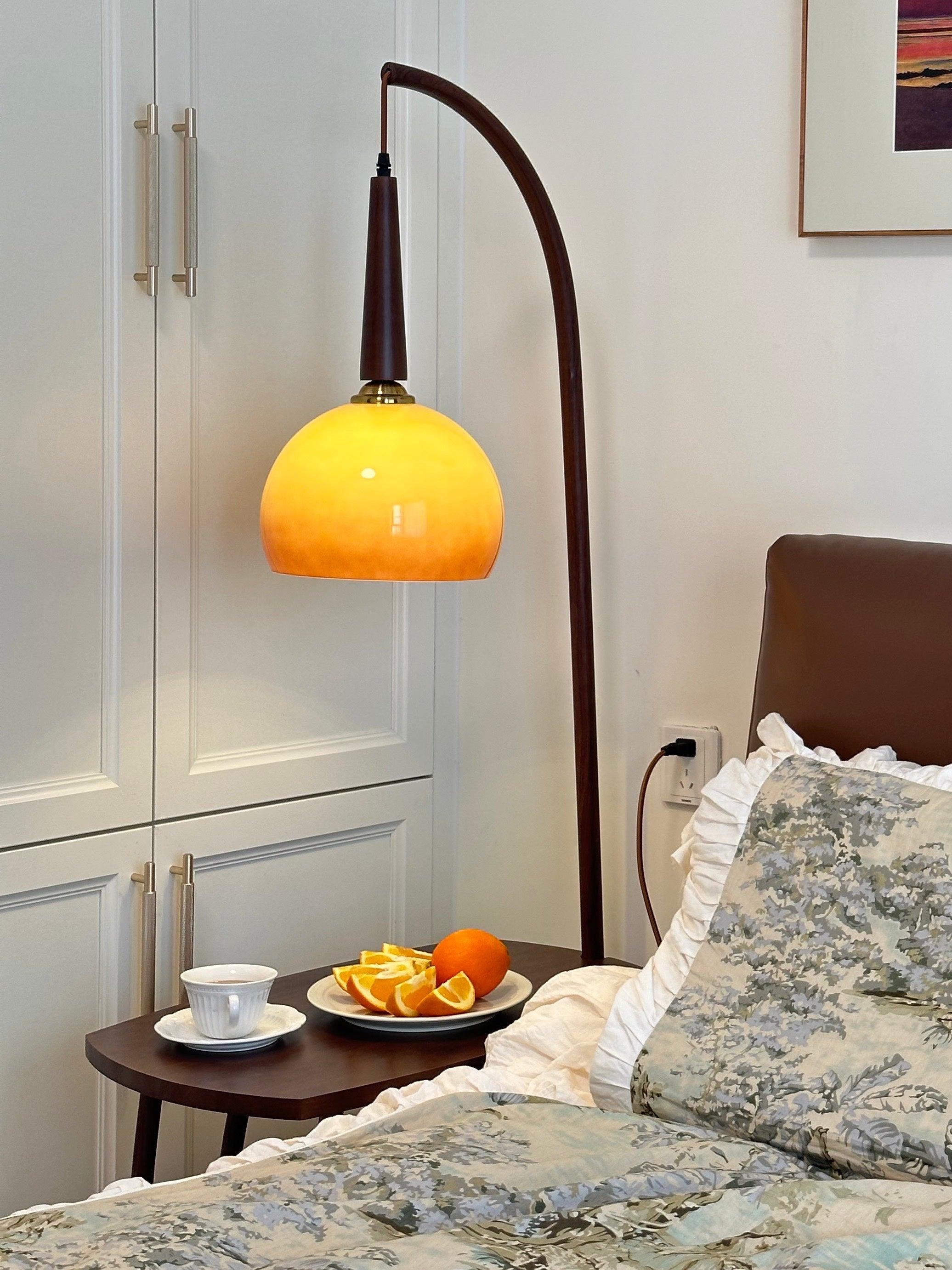 Modern Cantilever Floor Lamp with Walnut Wood Side Table and Orange Glass Shade