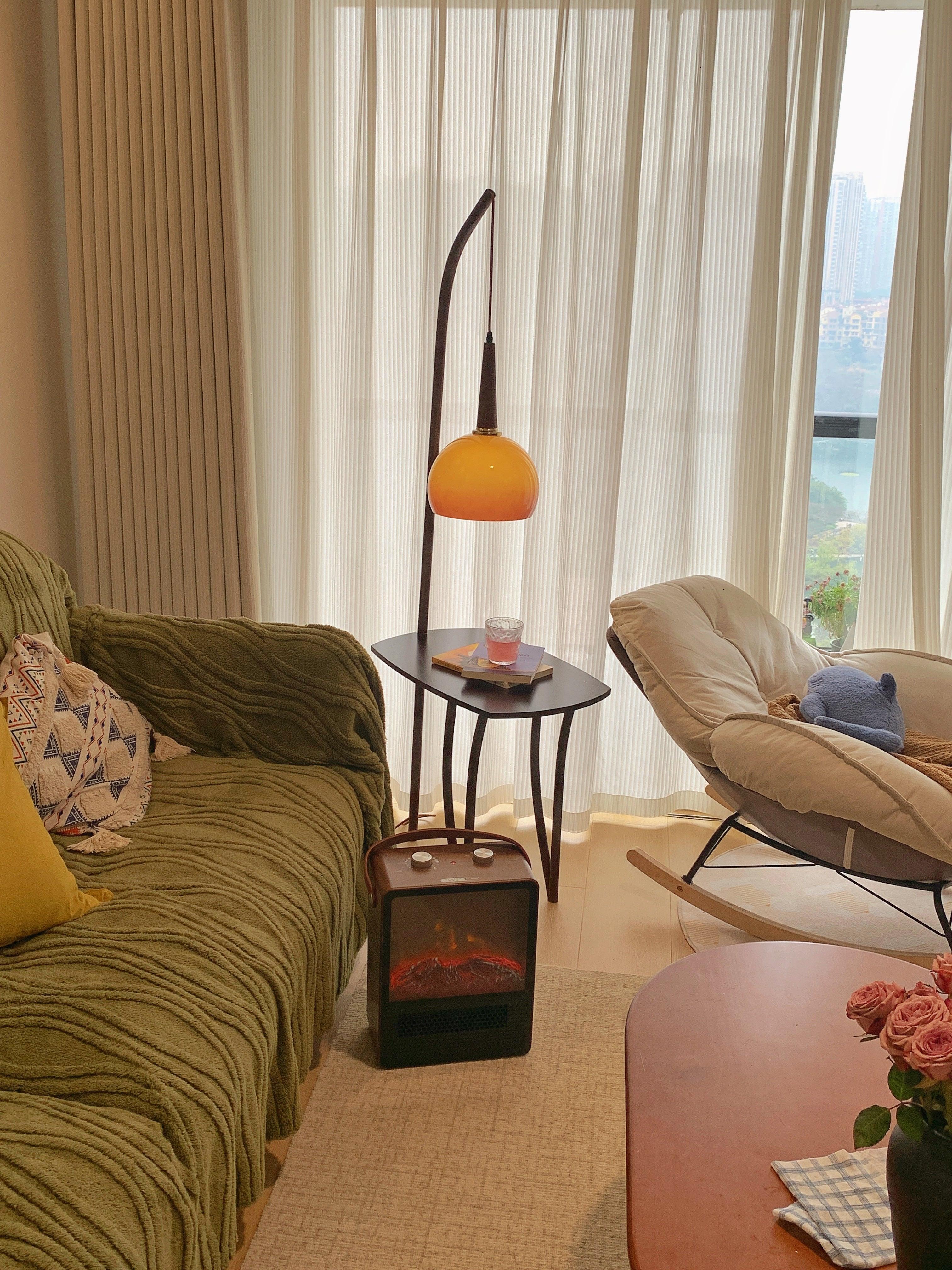 Modern Cantilever Floor Lamp with Walnut Wood Side Table and Orange Glass Shade