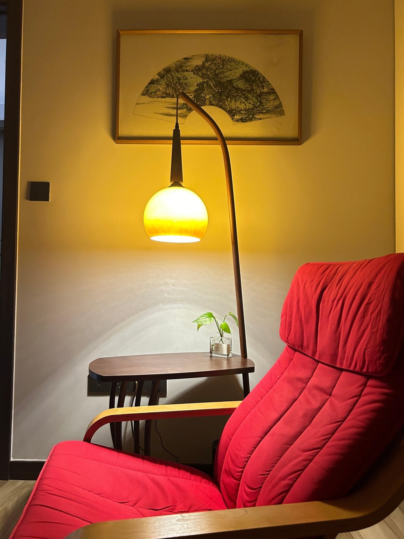 Modern Cantilever Floor Lamp with Walnut Wood Side Table and Orange Glass Shade