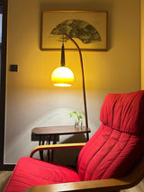 Modern Cantilever Floor Lamp with Walnut Wood Side Table and Orange Glass Shade