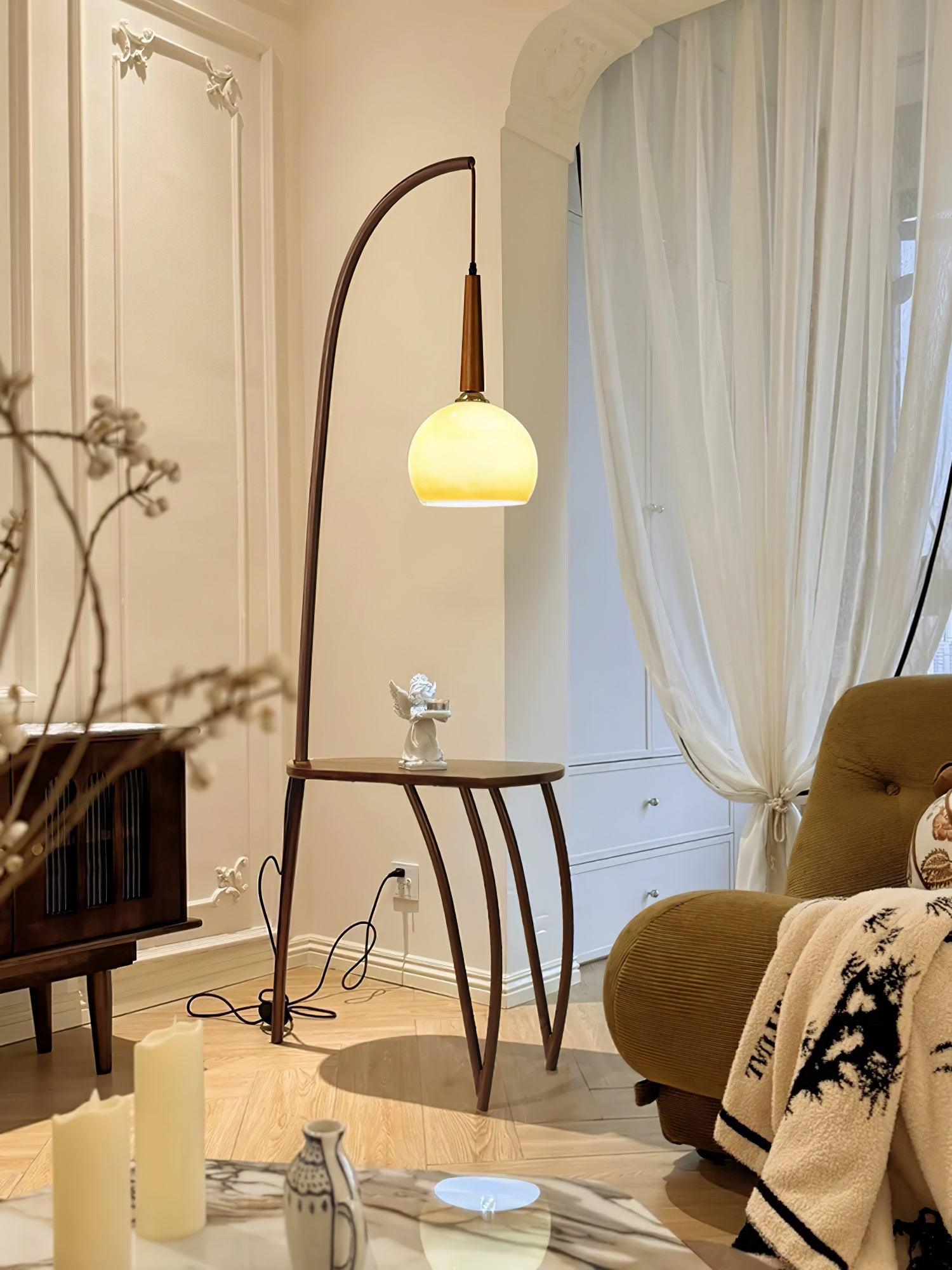 Modern Cantilever Floor Lamp with Walnut Wood Side Table and Orange Glass Shade