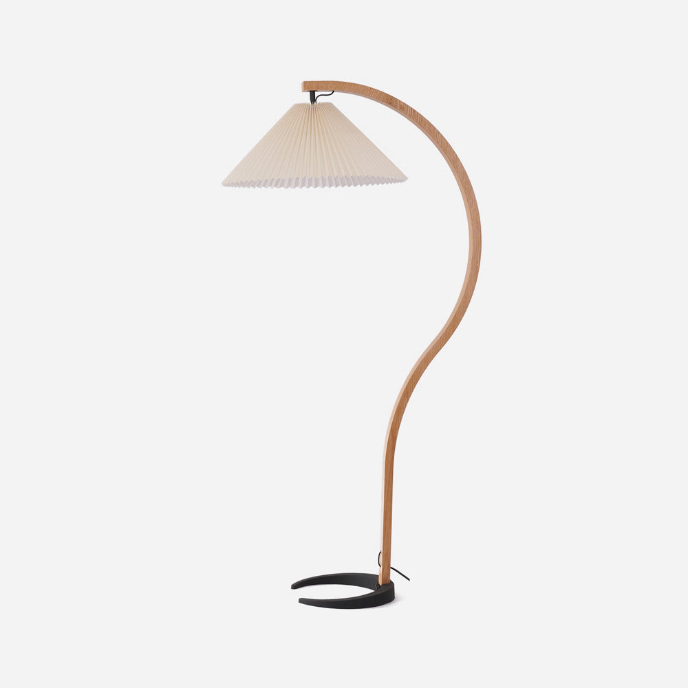 Scandinavian Beech Wood Floor Lamp with Pleated Linen Shade Mid Century Modern Standing Light
