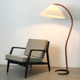 Scandinavian Beech Wood Floor Lamp with Pleated Linen Shade Mid Century Modern Standing Light