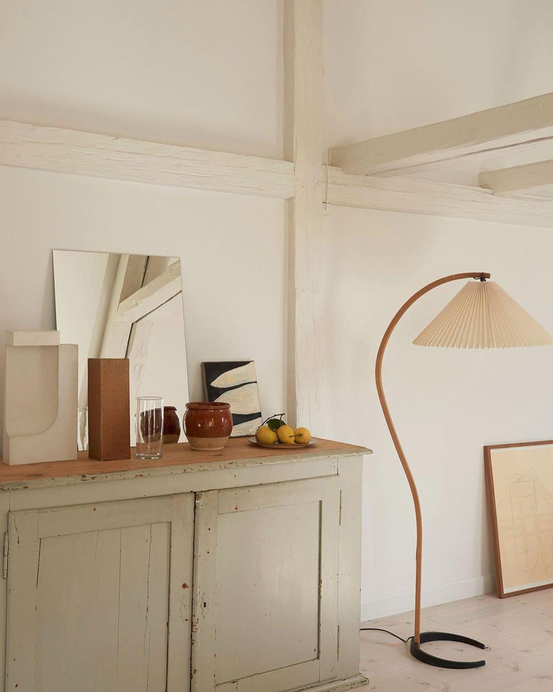 Scandinavian Beech Wood Floor Lamp with Pleated Linen Shade Mid Century Modern Standing Light