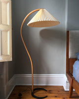 Scandinavian Beech Wood Floor Lamp with Pleated Linen Shade Mid Century Modern Standing Light