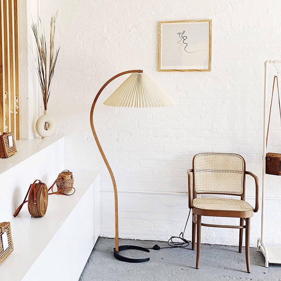 Scandinavian Beech Wood Floor Lamp with Pleated Linen Shade Mid Century Modern Standing Light