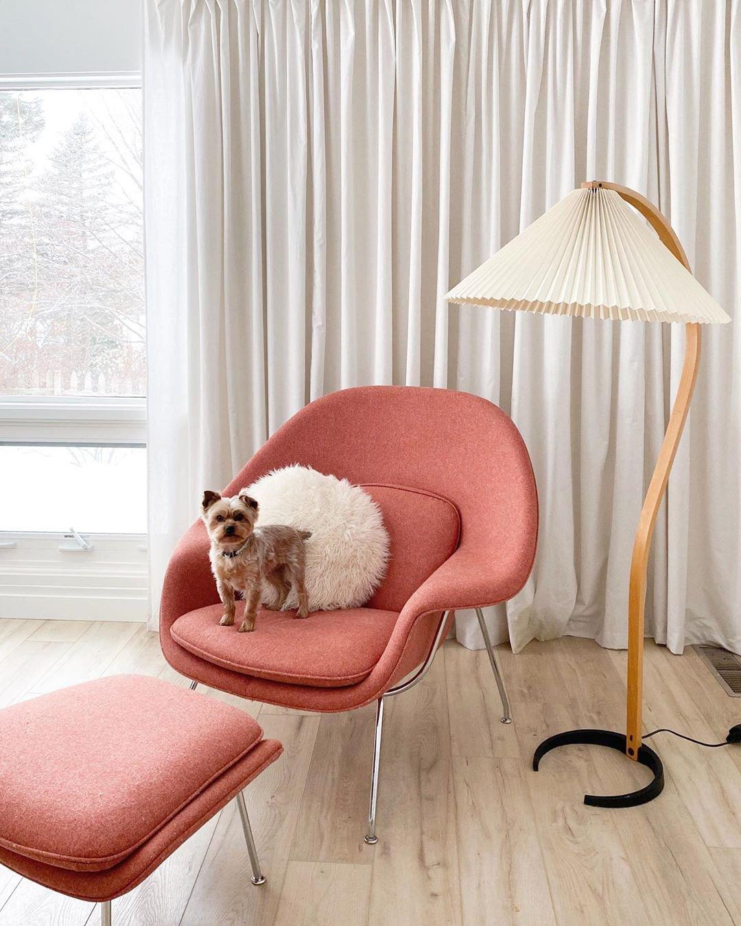 Scandinavian Beech Wood Floor Lamp with Pleated Linen Shade Mid Century Modern Standing Light