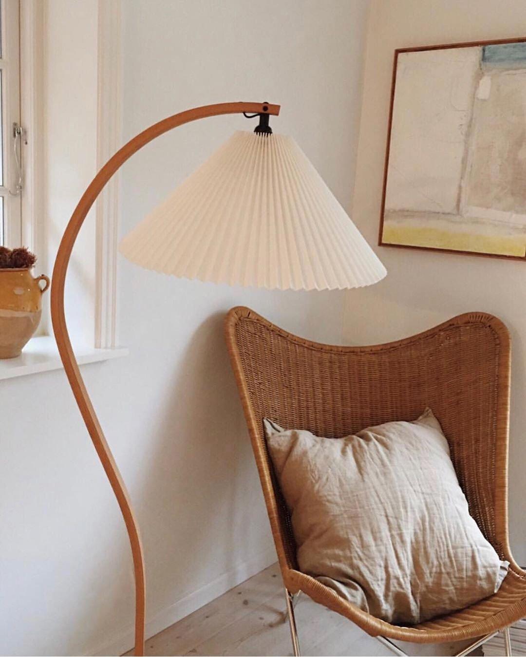 Scandinavian Beech Wood Floor Lamp with Pleated Linen Shade Mid Century Modern Standing Light
