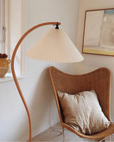 Scandinavian Beech Wood Floor Lamp with Pleated Linen Shade Mid Century Modern Standing Light