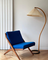 Scandinavian Beech Wood Floor Lamp with Pleated Linen Shade Mid Century Modern Standing Light