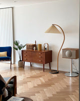 Scandinavian Beech Wood Floor Lamp with Pleated Linen Shade Mid Century Modern Standing Light