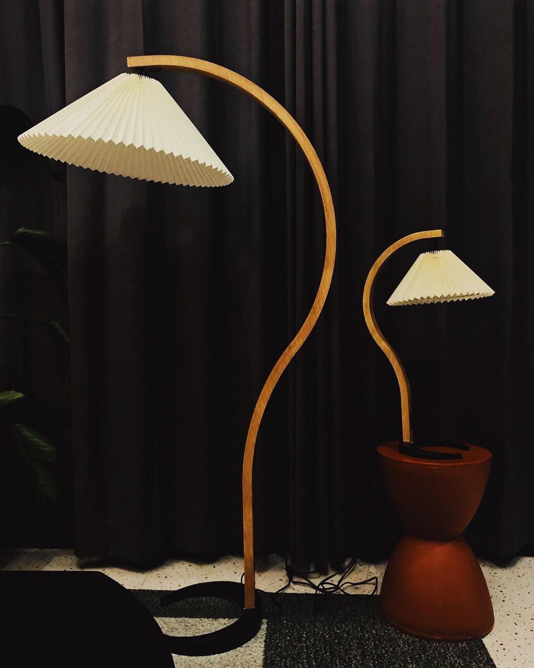Scandinavian Beech Wood Floor Lamp with Pleated Linen Shade Mid Century Modern Standing Light