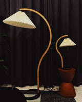Scandinavian Beech Wood Floor Lamp with Pleated Linen Shade Mid Century Modern Standing Light