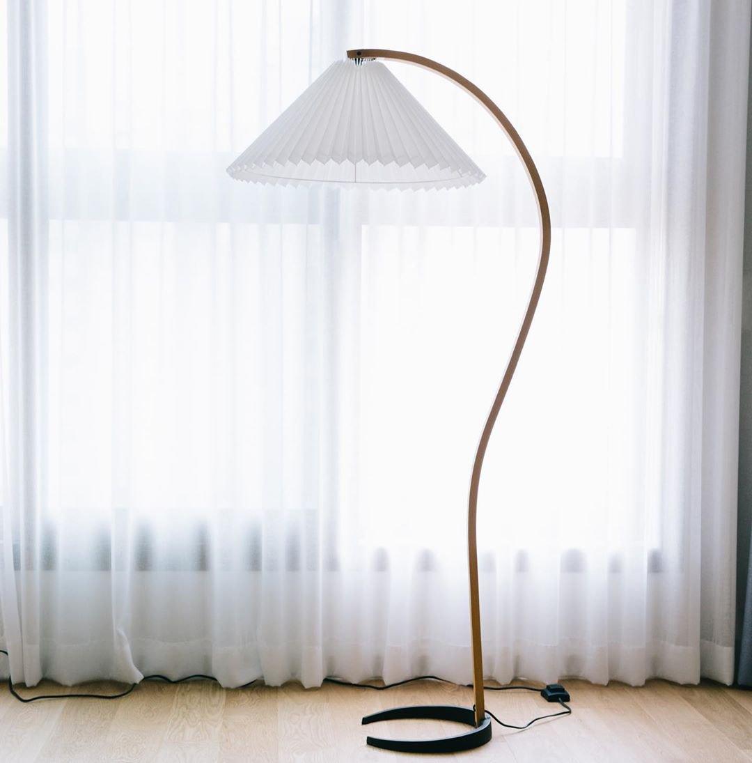 Scandinavian Beech Wood Floor Lamp with Pleated Linen Shade Mid Century Modern Standing Light