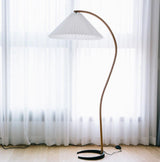 Scandinavian Beech Wood Floor Lamp with Pleated Linen Shade Mid Century Modern Standing Light