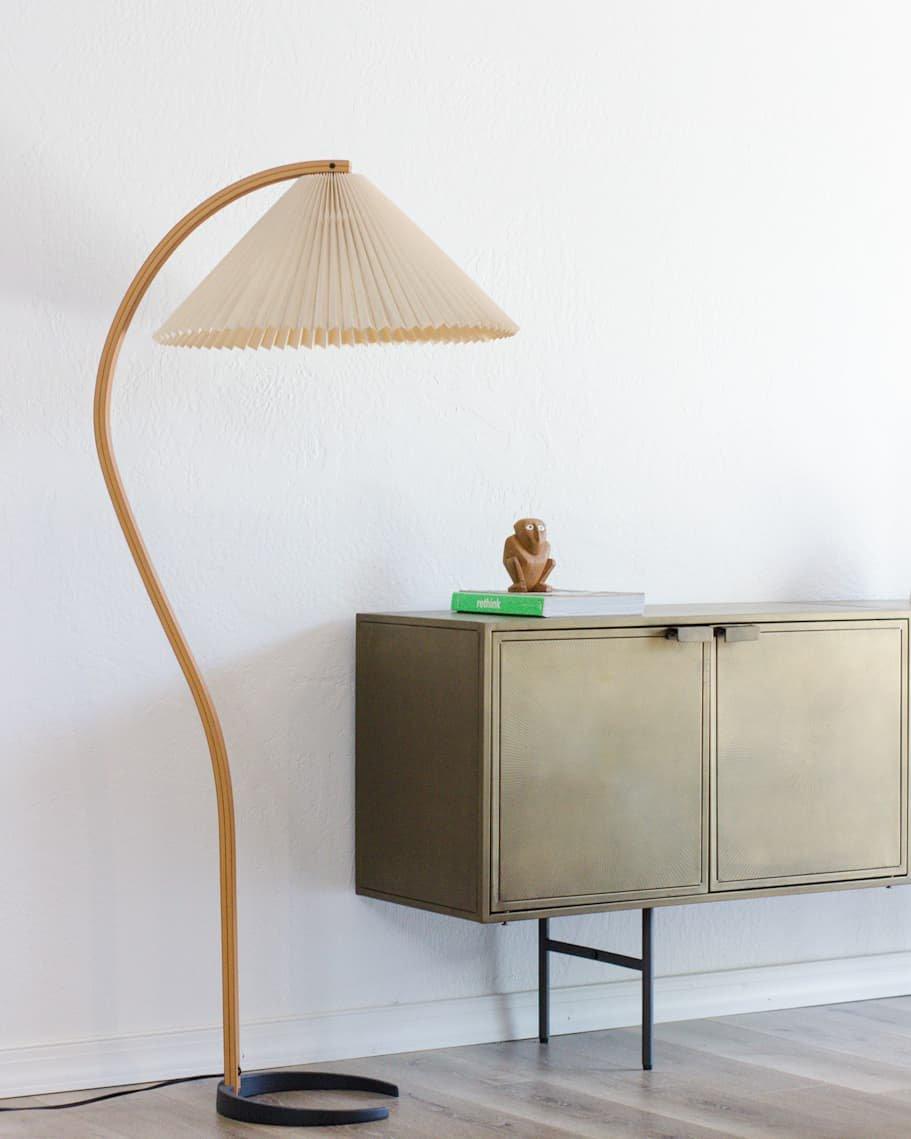 Scandinavian Beech Wood Floor Lamp with Pleated Linen Shade Mid Century Modern Standing Light