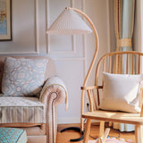 Scandinavian Beech Wood Floor Lamp with Pleated Linen Shade Mid Century Modern Standing Light